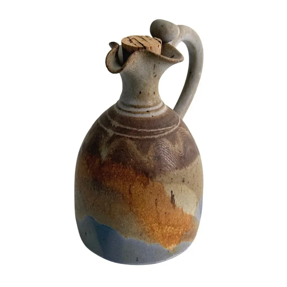Handmade ceramic pottery signed artisan jug rustic brown tan tones blue glaze - Picture 9 of 12